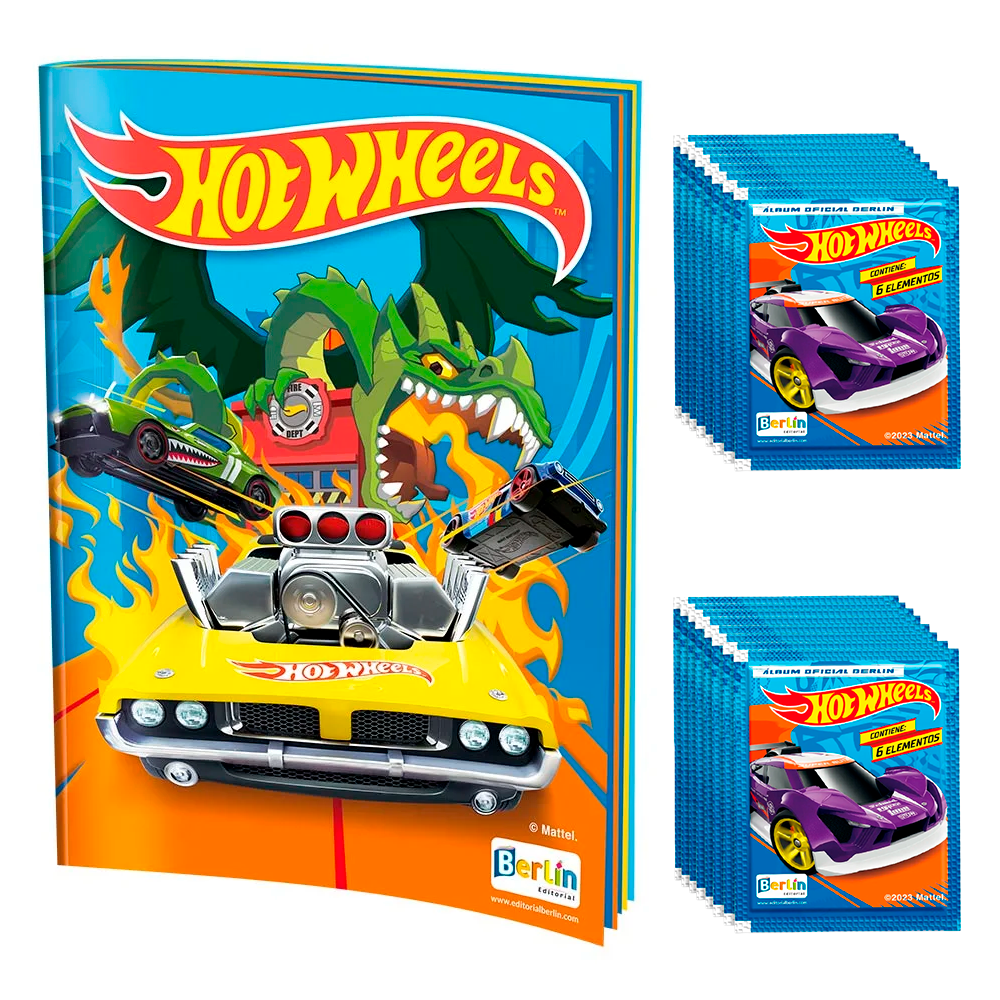 Hot Wheels, 1 Álbum Tapa Blanda + 2 paquetes(100 Sobres)